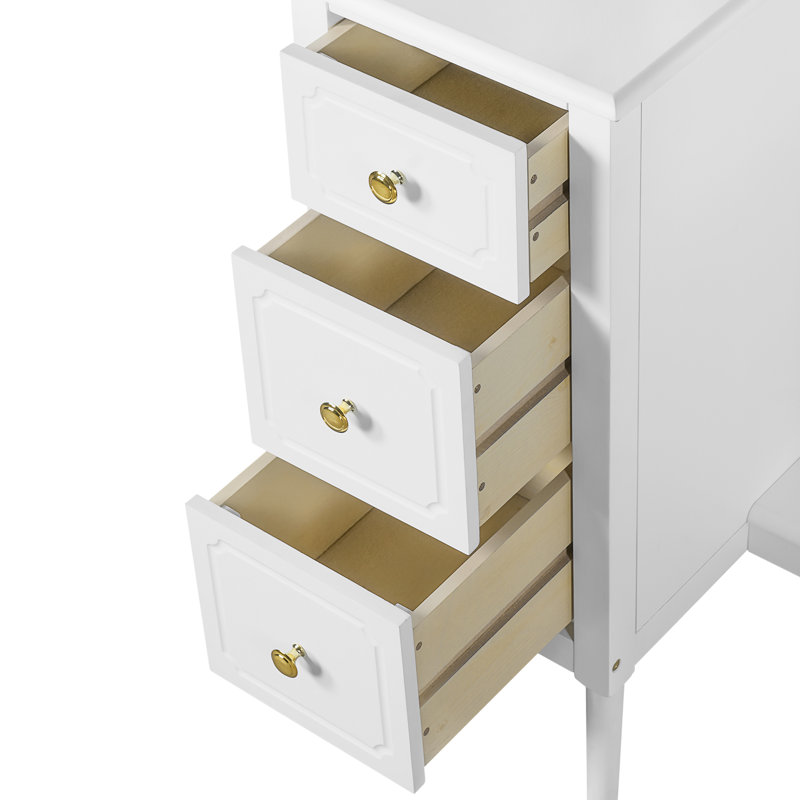 White Antique Makeup Vanity: Triple Mirror + 6-Drawer + Stool