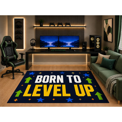 "Ultra Light Weight" 5' x 7' Gamer Area Rug Born to Level Up Typography Pixel Arcade Art for Boys Bedroom Gaming Room Playroom Non-Slip Silicone Backing Low Pile