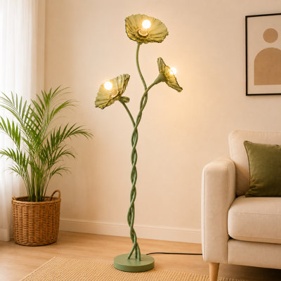 Flower Floor Lamp for Living Room, 3-Light Floral Floor Lamp with Green Shades, Modern Twisted Branch Metal Frame LED Standing Lamp with 3 Colour Temperatures and Foot Switch for Bedroom Reading Corner Home Decor