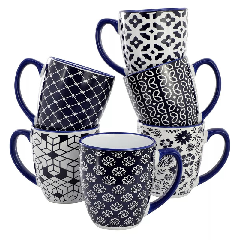 Ensemble de 6 tasses en grès, 6 tasses à café, motifs bleus et blancs assortis, grandes tasses à thé, va au micro-ondes et au lave-vaisselle