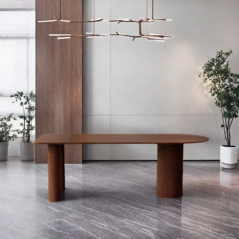 A retro rectangular semi-circular dining table, 29.52"H x 70.86"L x 31.49"W