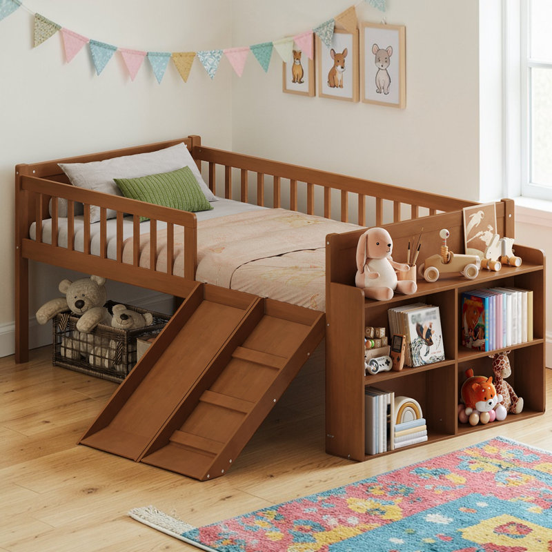 Twin Size Low Loft Bed With Slide, Staircase & Built-In Storage Shelves, Natural