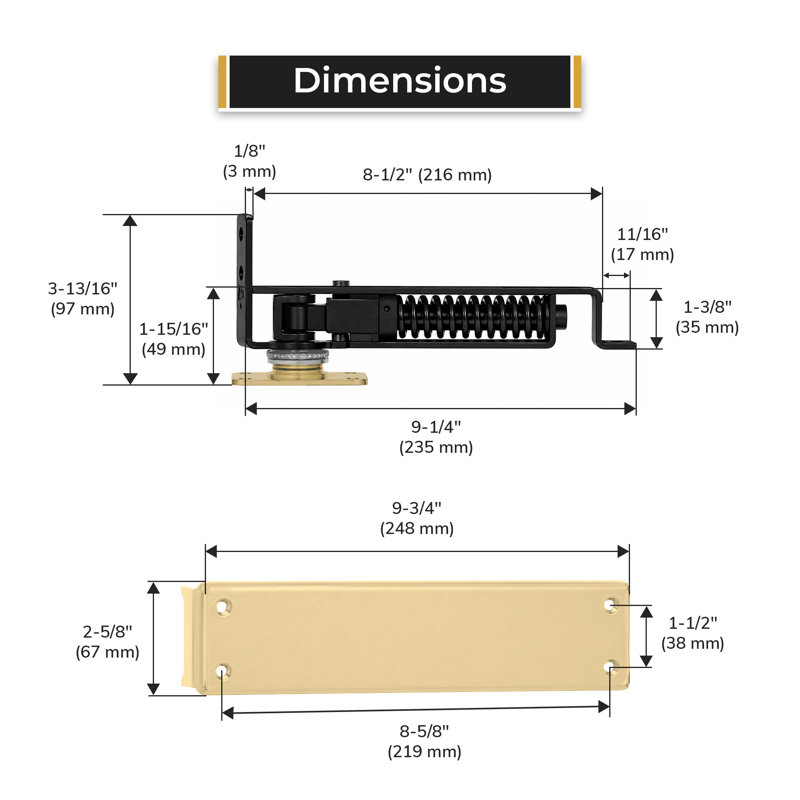 DASH95U4 Spring Hinge, Double Action w/ Solid Brass Cover Plates in Brushed Brass, Brushed Brass/Paint Black