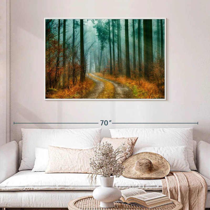 Sentier de la forêt d'automne, 46 po x 31 po, Cadre flottant blanc