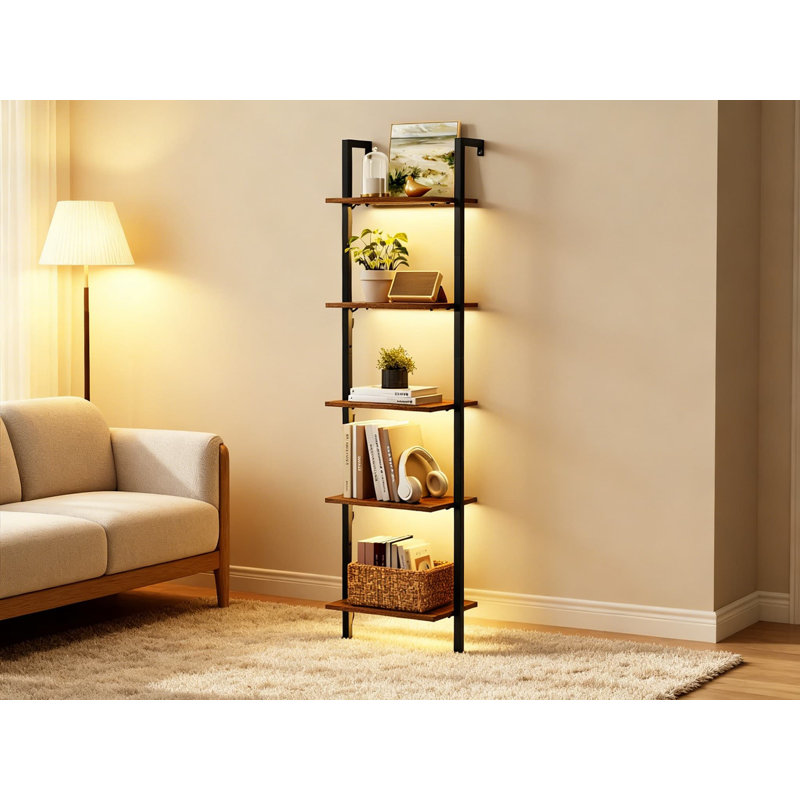 Étagère murale à échelle avec lumières DEL, bibliothèque à 5 niveaux avec cadre en métal pour le salon, la chambre à coucher et le bureau, conception peu encombrante