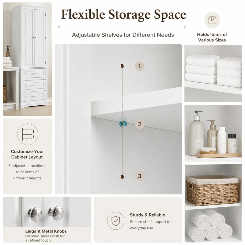 Freestanding Tall Bathroom Storage Linen Cabinet With Drawers, Adjustable Shelves, Metal Handles