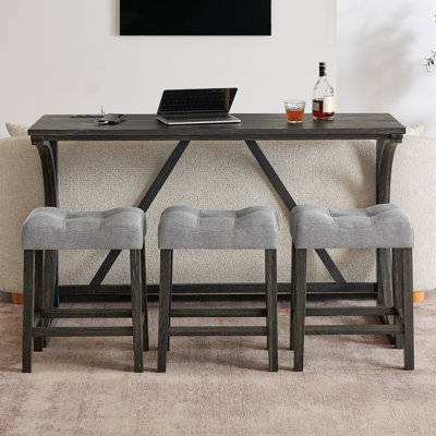 59 Inch Bar Table, Dining Table, Sofa Table With Power Outlet, 3 Upholstered Stools, 4 Piece Bar Table And Chair Set For Living Room, Dining Room, Kit by 17 Stories