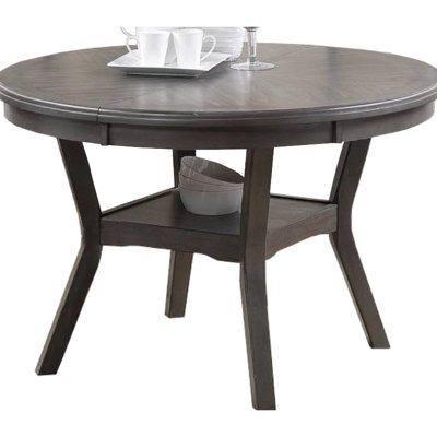 Table de salle à manger ronde avec finition grise, structure grise en bois d'hévéa, tablette disponible, fabriquée à partir de