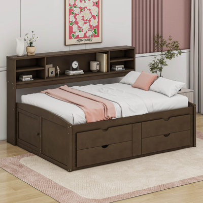 Full Size Wood Daybed with 2 Bedside Cabinets, Upper Shelves and 4 Drawers -  Cosmic, COSP80003759AAD