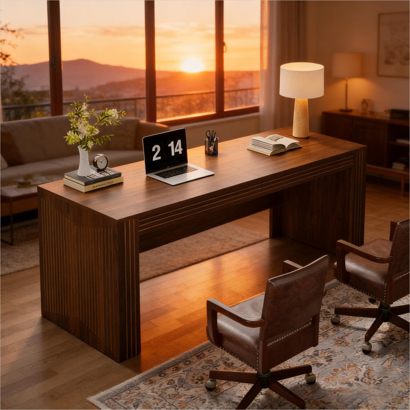 Bureau de direction rectangulaire avec finition brune et espace de travail double spacieux pour le bureau à domicile