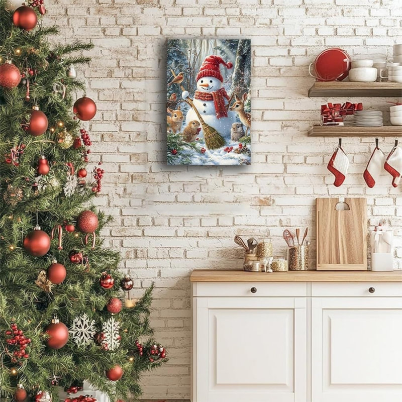 Art mural sur toile 24 "x 36" bonhomme de neige et animaux d'hiver