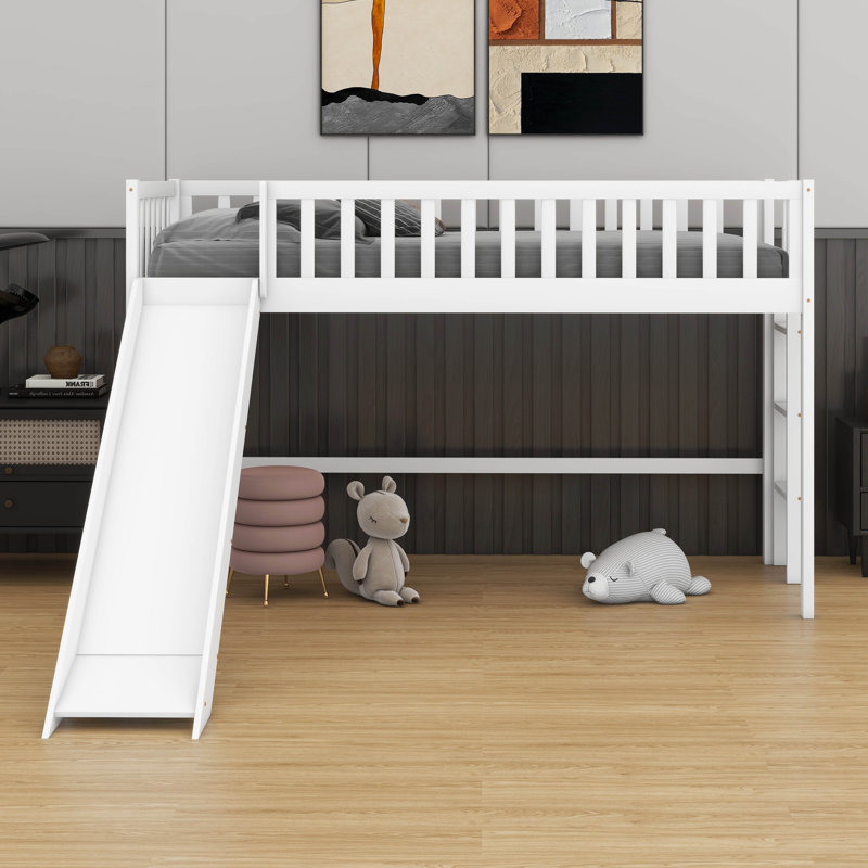 Low Loft Bed With Ladder And Slide, White