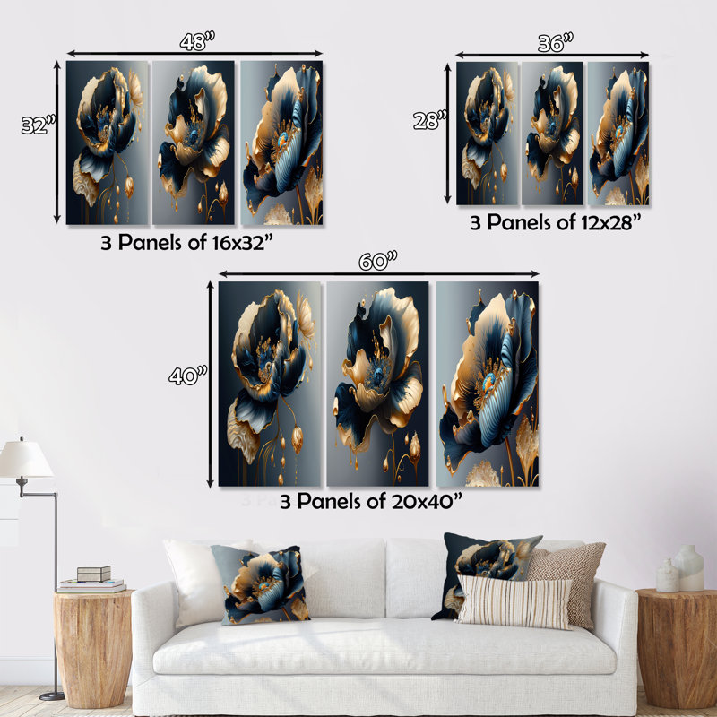 Bleu profond et fleur simple dorée I 3 pièces, H 32 po x l 48 po x P 1 po