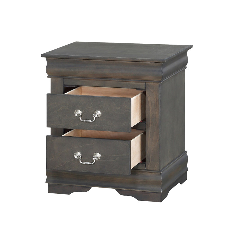 Dark Gray Solid Pine Nightstand With 2 Drawers - Elevate Your Bedroom Experience Metal Handles 2 Stylish
