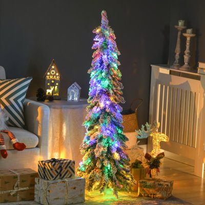 Tall Prelit Pencil Artificial Christmas Tree Holiday Décor With 534 Snow Flocked Branches, 350 Warm White Or Colorful LED Lights, Downswept Shape
