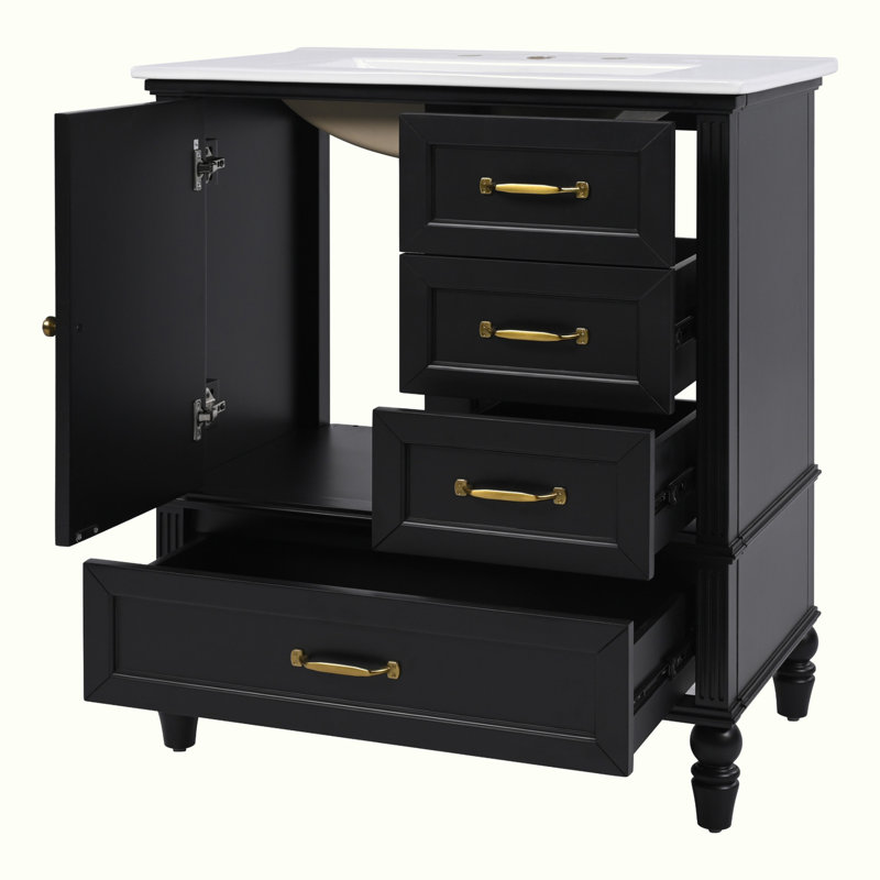 Meuble-lavabo avec lavabo et armoire avec tiroirs, Noir, noir, noir, noir, Doré