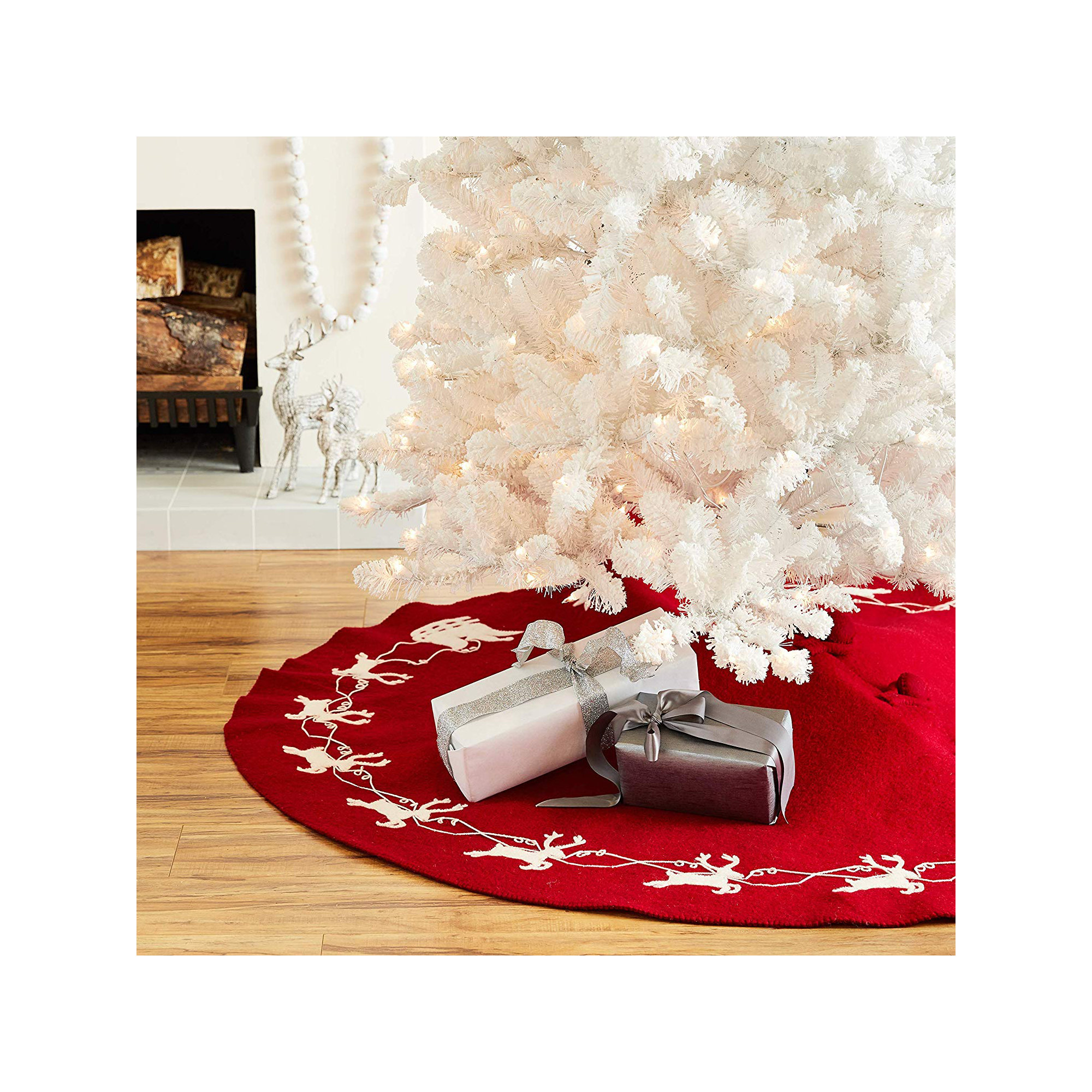 Cream Reindeer on Red Christmas Tree Skirt in Hand Felted Wool - 60"/72"