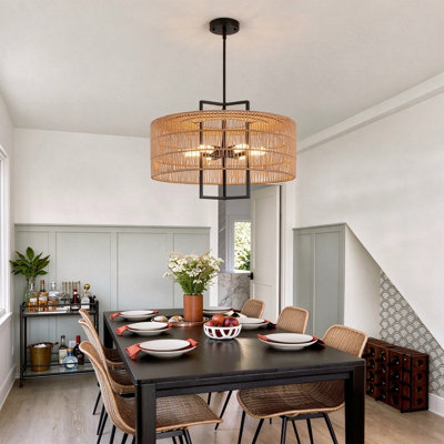 6-Light 23.6" Boho Coastal Rattan Chandelier, Farmhouse Wicker Pendant Light Fixture For Dining Room, Living Room, Kitchen Island, Bedroom, Hallway, Foyer