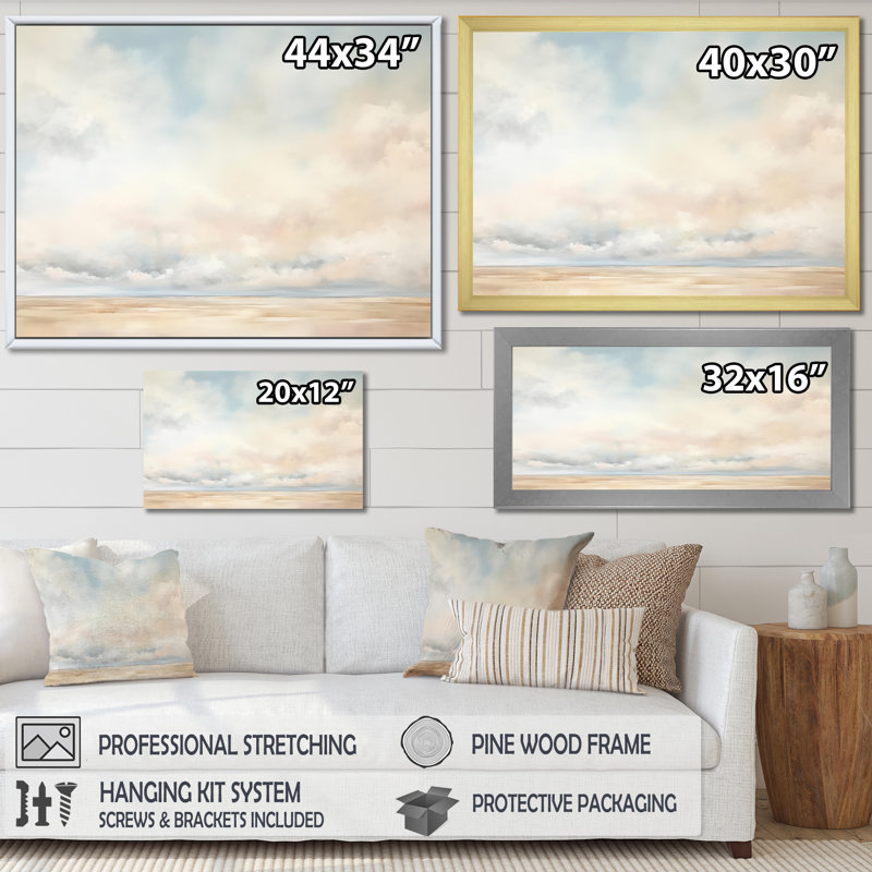 Minimalisme, ciel nuageux, paysage I sur toile, Cadre simple blanc, H 34 po x l 44 po x P 1,5 po