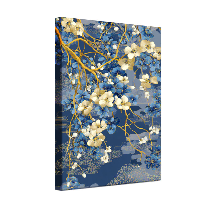 Plantes et fleurs à motif floral bleu et doré, H 30 po x l 20 po