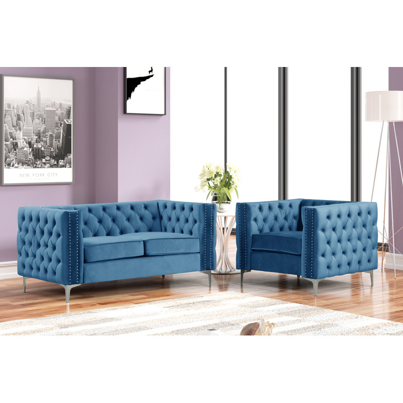 Ensemble de salon standard 2 pièces Virgil, Velours bleu marine