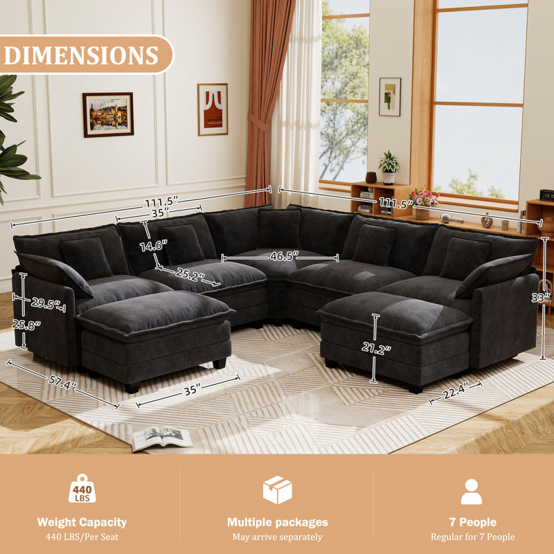 George 111.5" Modern 7 Seat Chenille L Shaped Modular Sectional Sofa With Two Ottomans, Black