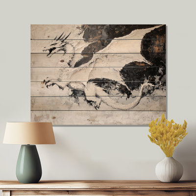 Dragon noir et blanc en vol - Dragons, art mural sur bois de pin naturel