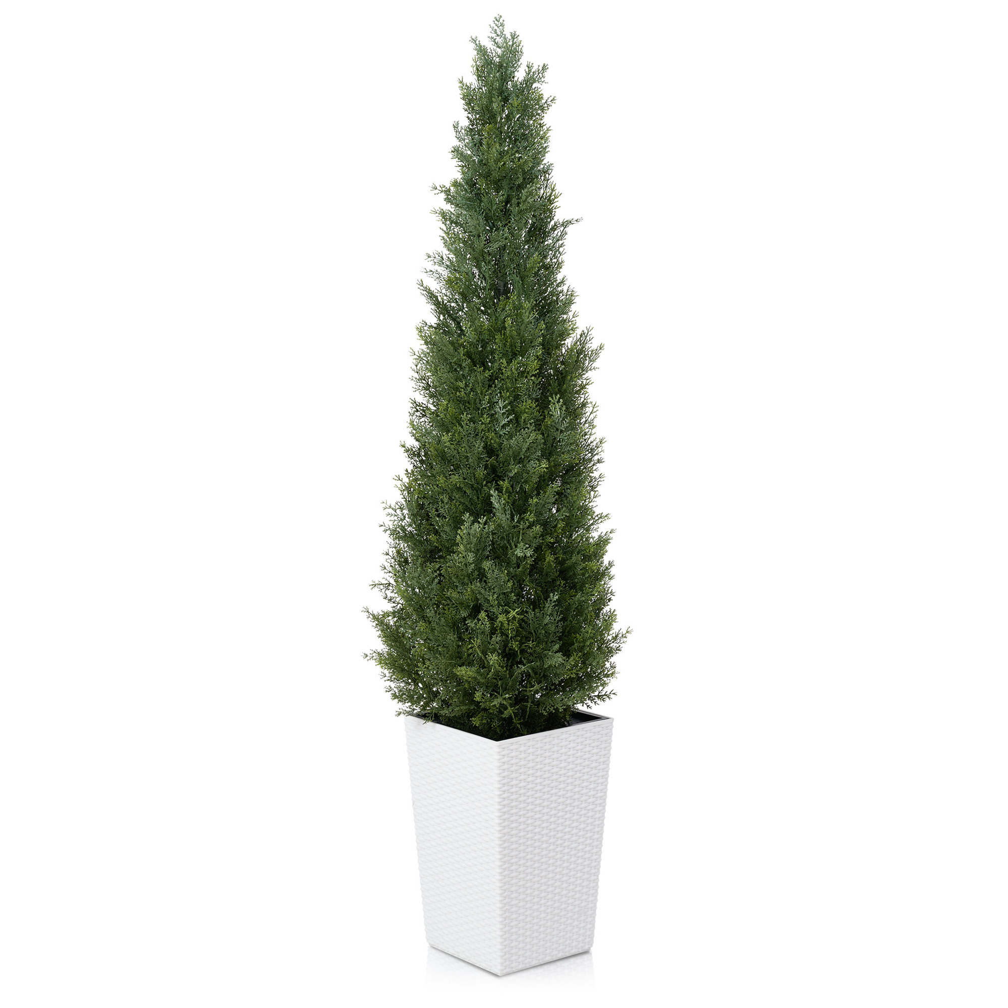 Faux Cedar Topiary Tree 5FT - UV Resistant Fake Cypress Tree with Big Planter and Decorative Plants, 1, White