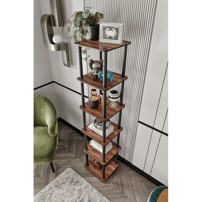 Bibliothèque moderne en noyer de 67,0 po x 13,4 po x 13,4 po | 100% panneau de fibres à densité moyenne avec pieds en kraft comprimé | Design industriel élégant pour la maison ou le bureau | Parfait pour le rangement et la présentation, apparence durable et élégante
