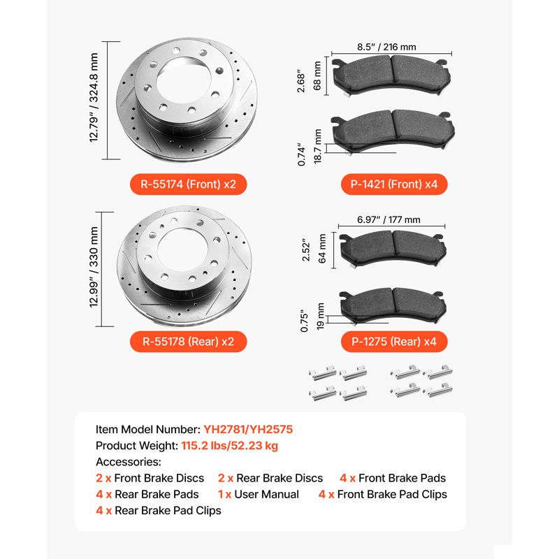 Front and Rear Brake Rotors Kit for 2002-2006 Chevrolet Avalanche 2500 (8 STUD)