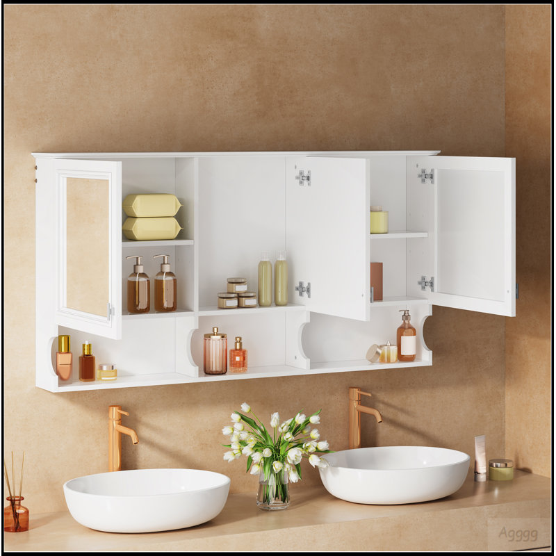 Armoire à pharmacie de 55 pouces avec tablettes ouvertes, rangement mural avec portes et miroir, tablette réglable, armoire de rangement pour salle de bain au-dessus de la toilette