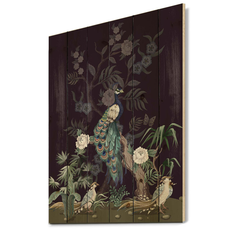 Chinoiserie avec oiseaux et pivoines V - impression traditionnelle sur bois de pin naturel, H 20 po x l 10 po x P 0,78 po