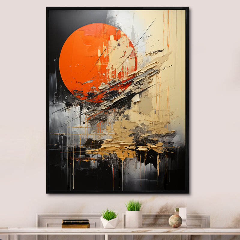 Forme de lune orange - art mural abstrait, Cadre flottant noir, H 32 po x l 24 po x P 1 po