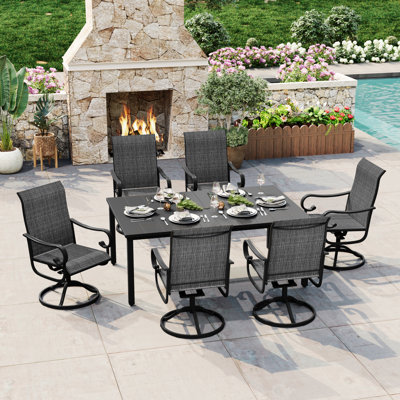6-Person Rectangular Patio Dining Set With 360° Swivel Textilene Rocking Chairs