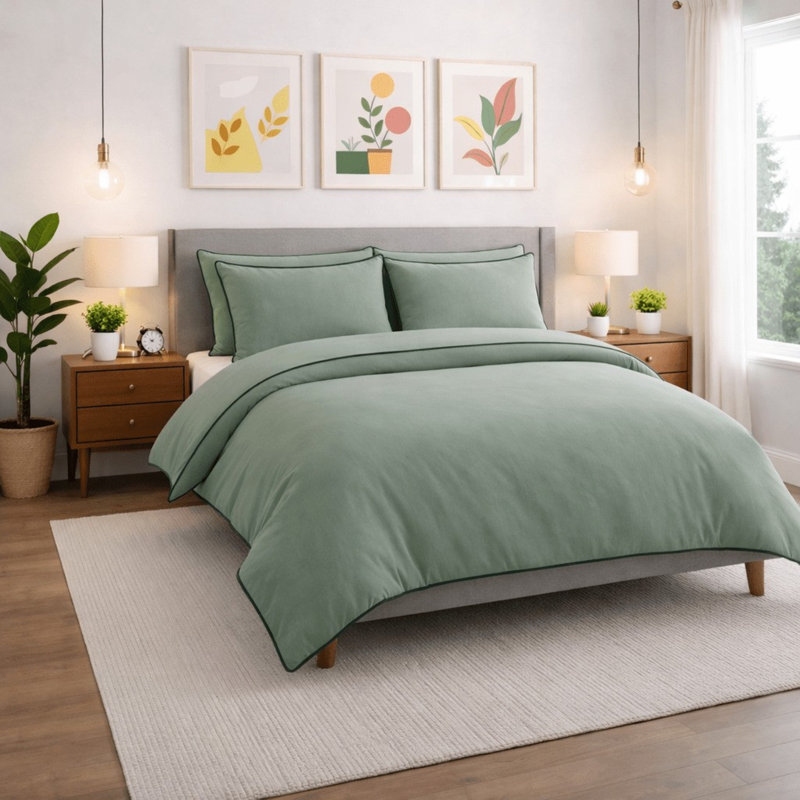 Sage Green Piped Duvet Cover Set – Modern Ultra SOFT Minimalist Bedding with Pillowcase