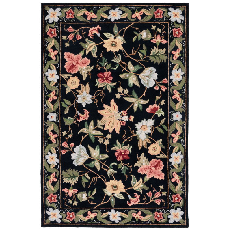 Chelsea Floral Area Rug In Black / Red / Green, Rectangle 183 x 274 cm
