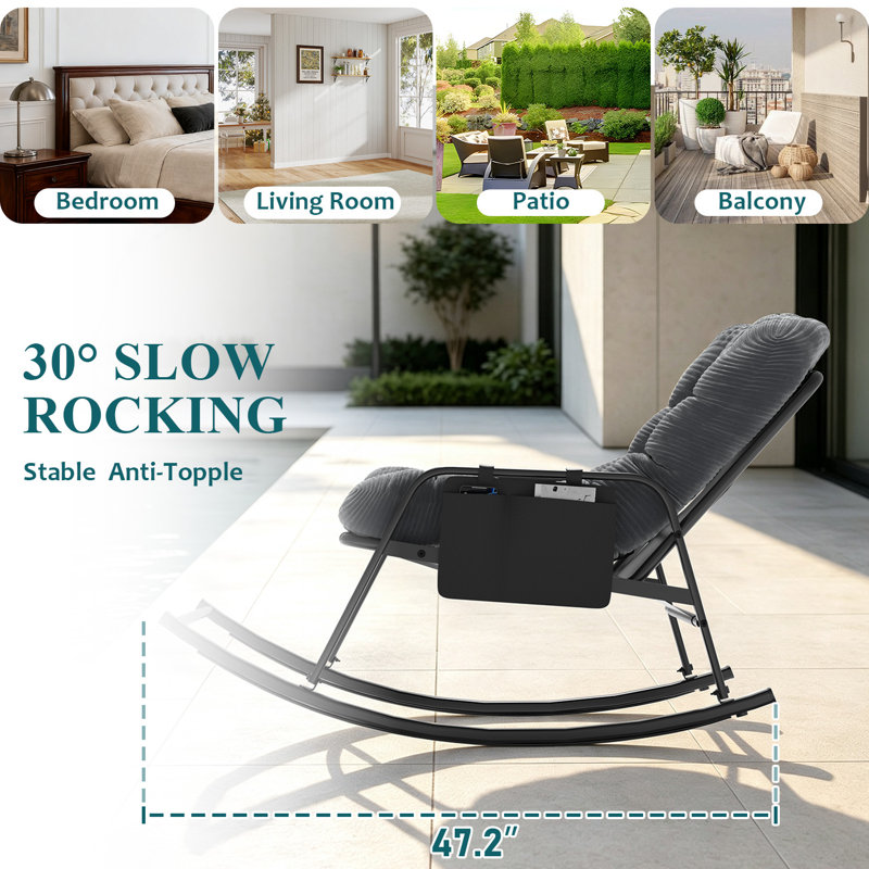 Fauteuil à bascule Papasan surdimensionné avec accoudoirs bas, coussin en velours côtelé doux et poche de rangement, structure métallique robuste, idéale pour l'intérieur et l'extérieur (chambre, salon, terrasse), orange.