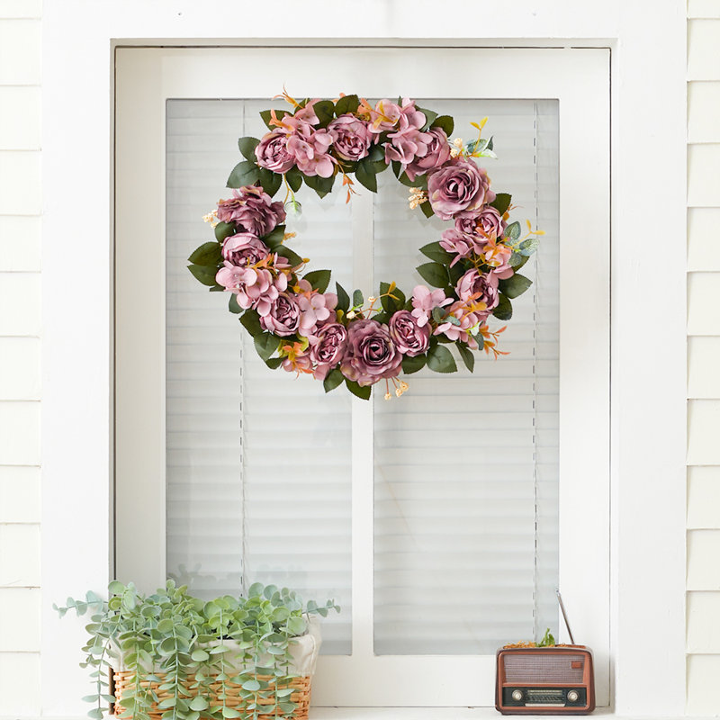 Handcrafted Faux Peony Polyester 34cm Wreath, Purple