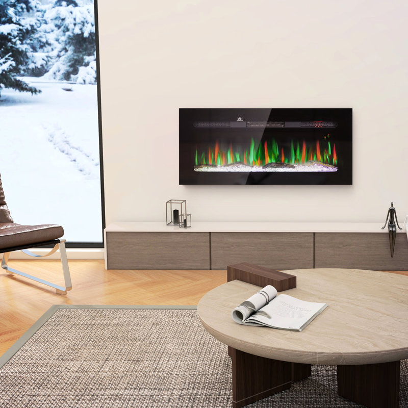40" Electric Fireplace: Wall Mounted With Remote Control, 1500W, Adjustable Flame Brightness & Color, Log Crystal, 8H Timer, Black Steel Recessed Mount 1500W Heater, Flame,