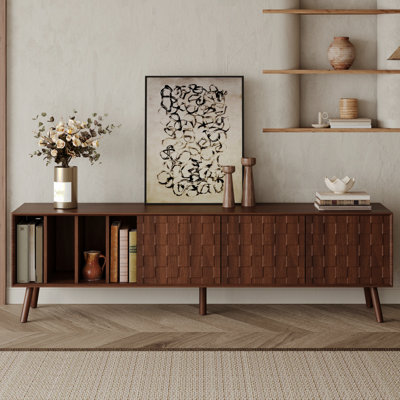 Meuble télé Mid-Century 68 po pour téléviseur de 75 po ou moins, console multimédia avec pieds en bois massif