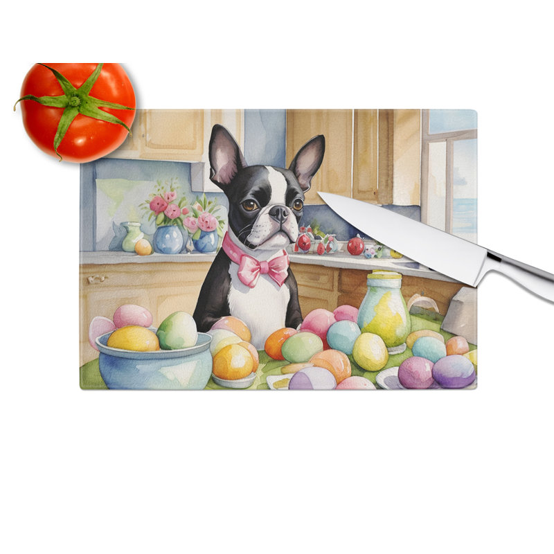 Decorating Easter Boston Terrier Glass Cutting Board