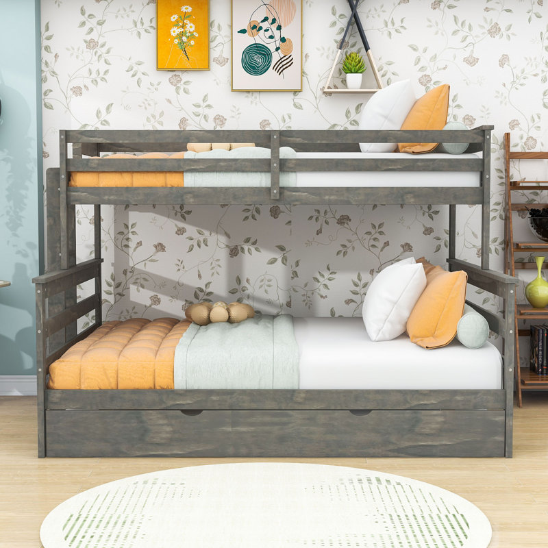 Twin XL over Queen Bunk Bed with Twin Trundle, Gray