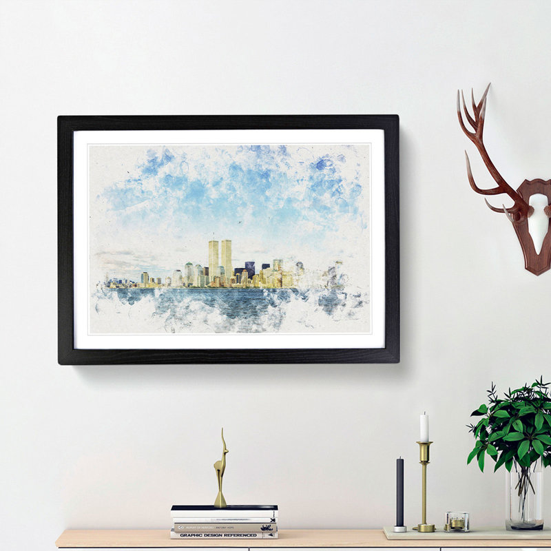 New York Skyline with the Twin Towers - Picture Frame Graphic Art Print, 24cm H x 33cm W x 2cm D, Black Framed