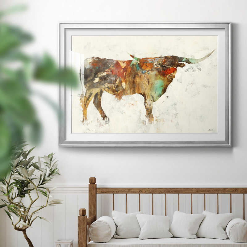 Long Horn - Matted and Framed Under Acrylic Glass, Large Living Room Wall Art, 30.5" H x 42.5" W x 1.5" D