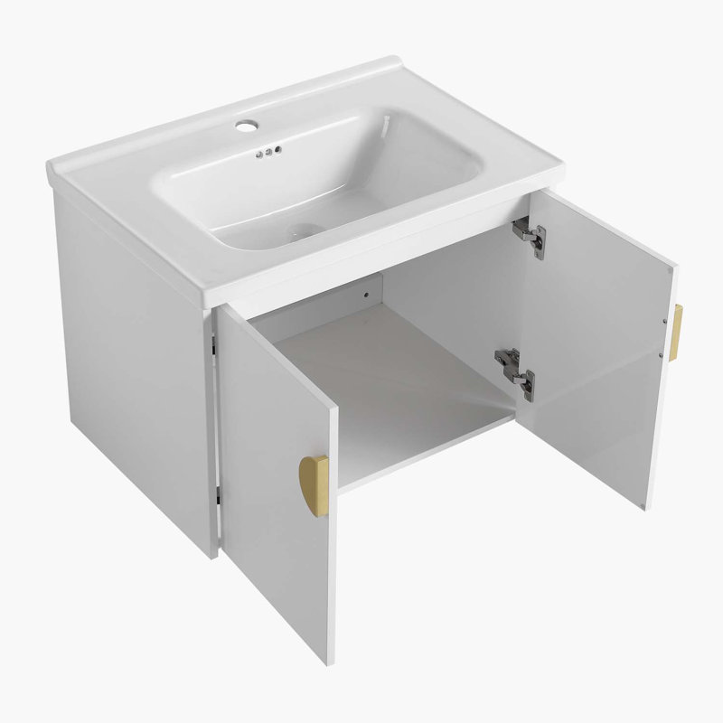 Meuble-lavabo mural de 28 po avec lavabo pour petite salle de bain Ebern Designs-W999137150-W999, Blanc lustré