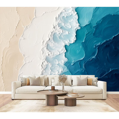 Coastal Peel and Stick Wallpaper Abstract Ocean Wave Texture Blue Teal Sand Tones Layered Acrylic Style Wall Murals 69"H x 96"W Removable PVC Wall Paper Self-Adhesive Wall Decor for Bedroom Living Room Home Office