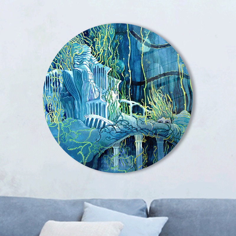Art mural abstrait en verre trempé abstrait avec vue sur les ruines sous-marines pour un salon et un bureau élégants