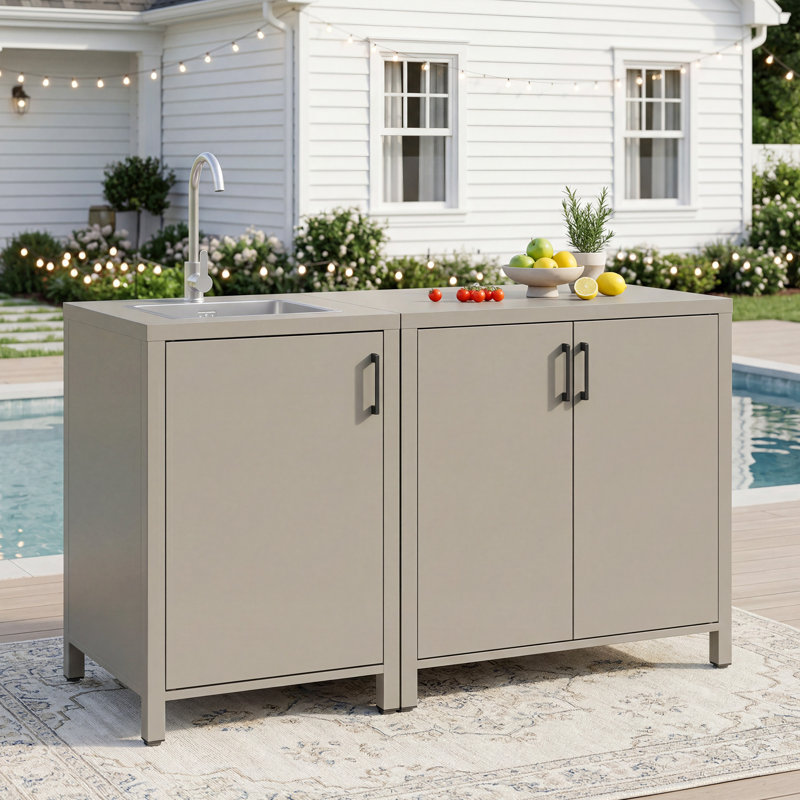 Station de préparation de cuisine extérieure avec évier et armoire de rangement, évier en aluminium toutes saisons avec rangement caché, idéal pour les grillades dans la cour, les fêtes sur le patio, l'utilisation près de la piscine