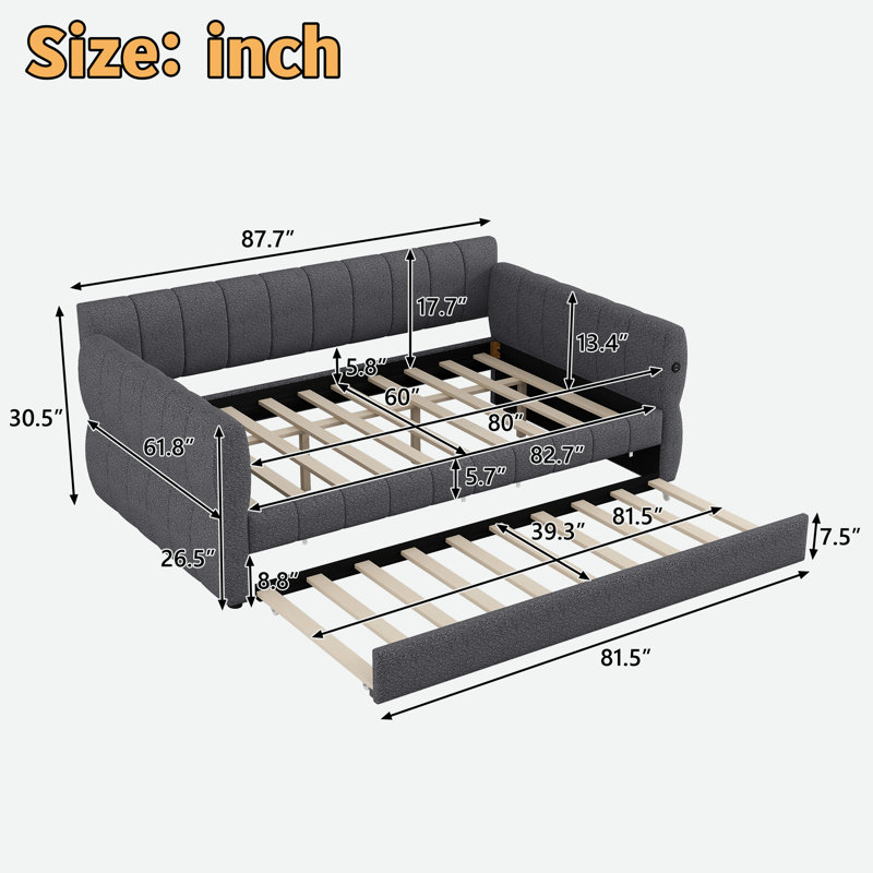 Upholstered Daybed With Usb And Trundle, Gray