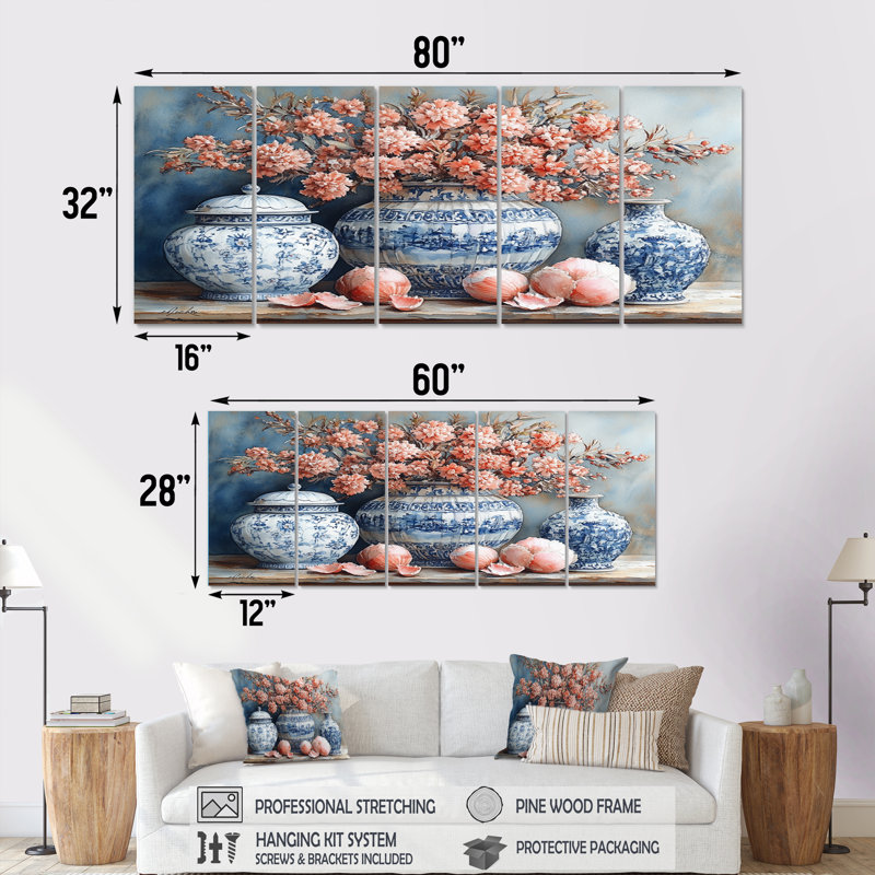 Poterie en tons de bleu et blanc IV - ensemble d'art mural Boho Pottery, H 28 po x l 60 po